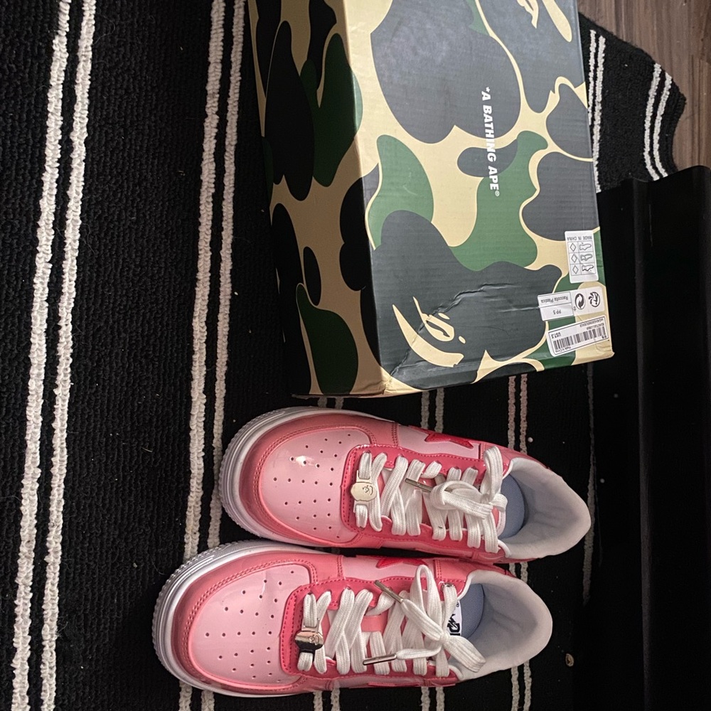 Bape Pink and White Sneakers with Camo Box